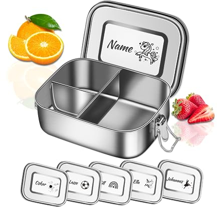 OXYEFEI Edelstahl Brotdose mit Fächern, Personalisierte Lunchbox Auslaufsicheres mit Namen Gravur Bento Box für Kinder, Erwachsene, Camping (3 Zellen, 1200ml)