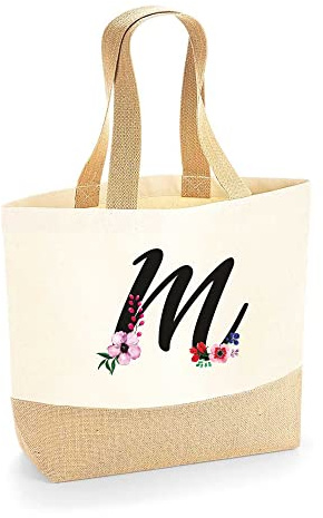 Colorfamily Borsa Mare Donna Grande Borsa Da Spiaggia con Iniziale Floreale - Lettera M - 100% cotone