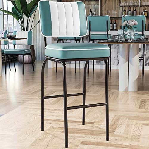 GGMMÖBEL 2-er Set Diner | Diner Barhocker | Türkis | Leder | Gestell: Schwarz | Gestreift | Sitzhöhe: 80 cm | weißer Keder
