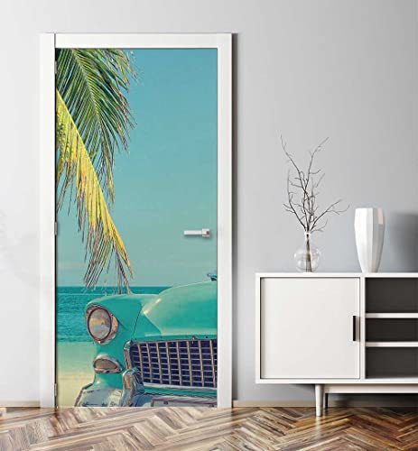 MyMaxxi - Tür bekleben mit Türtapete Türposter Türfolie Selbstklebend 90x200 Fahrzeug am Strand unter Palme - Tür verschönern ? Türaufkleber Türklebefolie Urlaub Sommer blau