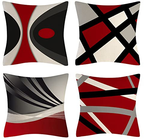 OCEUMACO Leinen Kissenbezug 45x45 Geometrisch Kissenhülle 4er Set Sofakissen Dekokissen Bezug für Couch Aesthetic Muster Kissen Kissenbezüge Outdoor Deko Couchkissen Zierkissen - Rot Schwarz
