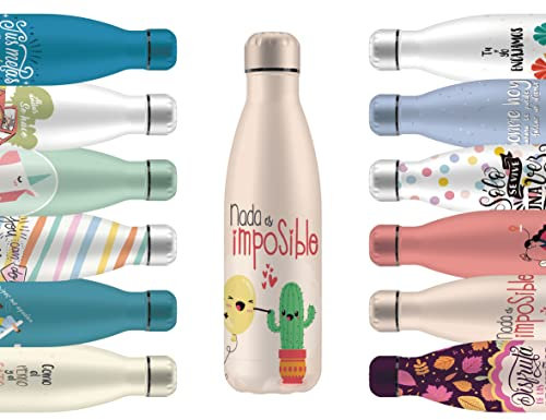 Mi Ko Mi Ka Botella de Agua Térmica de Acero Inoxidable Reutilizable | Sin BPA | Mantiene 24H Frio / 12H Calor | Hermética - Doble Pared a Prueba de Fugas (Nada Es Imposible, 500ml)