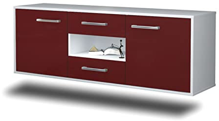 Lqliving TV-Board Lowboard Tampa, Wandmontiert, Korpus in Weiss matt, Front im trendigem Rot, Bordeaux (136x47x35cm), mit Metall Griffen, Made in Germany