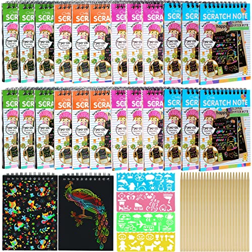 Tczecoo Kratzbilder für Kinder,24 Stück Regenbogen Kratzpapier Kratzbücher,Scratch Art Notizbücher für Kinder,DIY Kratzzeichnung Graffiti Set mit Holzstifte Schablonen