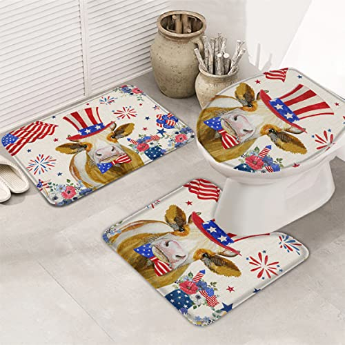 3-Teiliges Badvorleger Und Matten-Set Unabhängigkeitstag-Farm-Kuh Usa-Flaggen-Stern-Mohn-Blume Badezimmer Teppiche Schnelltrocknend U-Förmige Pad Maschinenwaschbar Wc Cover Mat Für Bad, Dusche