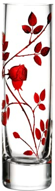 Vase cylindrique en verre soufflé à la bouche/décoré à la main en forme de feuille de rose rouge rubis 19,5 cm