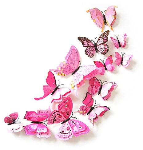 3D Butterfly Wall Sticker, Double Layer Butterfly, Refrigerator Sticker, Bedroom Party Wedding Decoration, Room Wall Decoration (Pink, 12)