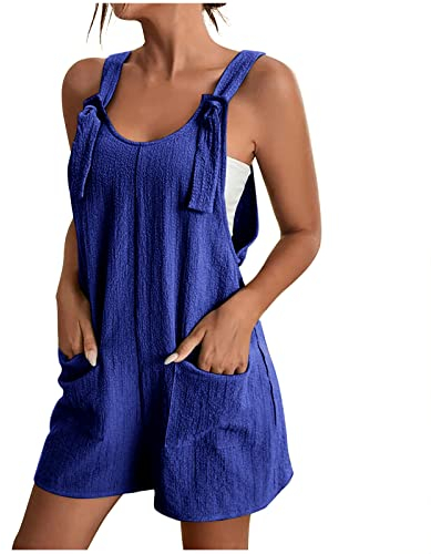 EMATOP Kurzer Jumpsuit Damen Casual Sommer Playsuit V-Ausschnitt Elegant Overall Lose Kurzarm Einteiler Latzhose mit Taschen und Gürtel Romper Klassisch Streifen Sommerhose Frauen Shorts