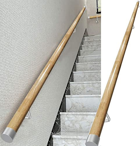 NETFEN Handlauf aus Holz für Treppen, 1 m, 2 m, 3 m, 4 m, Rutschfester Treppenhandlauf mit silbernen Wandhalterungen, sicheres Treppengeländer für ältere Kinder für Zuhause, Innen- und Außenbereic