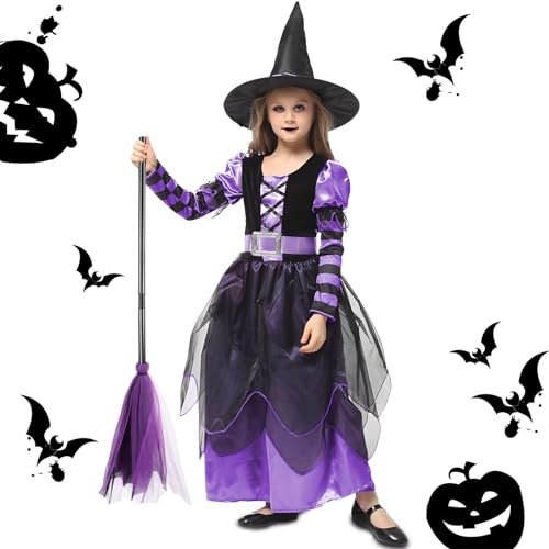 NCKIHRKK Vestito Strega Halloween per Bambina, Halloween Costume de Strega con Cappello, Scopa, Cintura, Vestiti Halloween Carnevale per Bambina 5-6 Anni