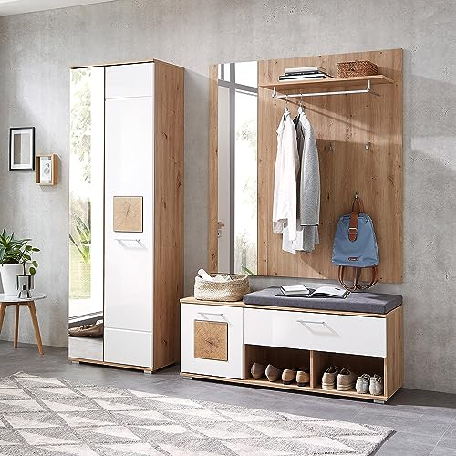 Lomadox Garderoben-Set 4-teilig in braun mit weiß | Flurgarderobe in Eiche mit weiß Hochglanz | Garderobenschrank, Spiegel, Schuhbank, Garderobenpaneel