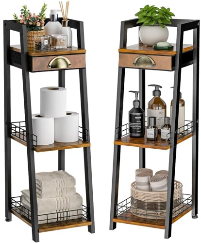 keomaisyto 3-Tier Narrow Bathroom Shelves with Drawer, Bathroom Organizers and Storage, Open Floor Ladder Shelf, Freestanding Tower Slim Standing Unit for Small Spaces - Rustic Brown