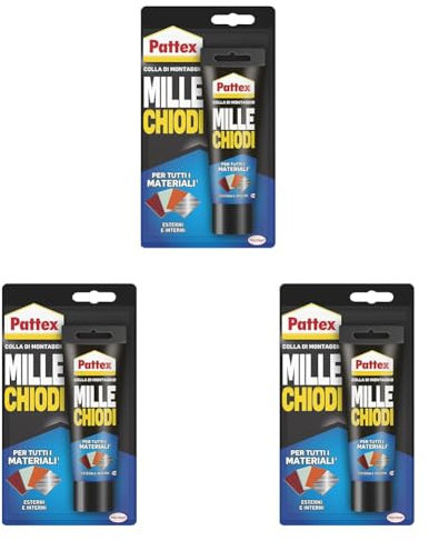 Pattex Millechiodi Esterni & Interni, adesivo extra forte per montaggi esterni, adesivo resistente per legno, ceramica, metallo, con presa immediata, 1x100g blister (Confezione da 3)
