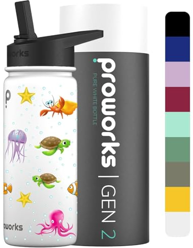 Proworks Gen 2 Insulated Water Bottles with Straw Lid | 1 Litre Stainless Steel Water Bottle, 24 Hours Cold & 12 Hours Hot, Metal Leakproof Flask for Work, Gym, Travel - Pure White - Marine Life
