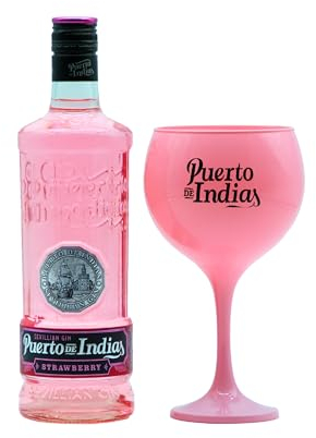 Puerto de Indias – Pack Ginebra de Fresa Premium + Copa de Cristal Rosa de Regalo – Pack Strawberry Premium Gin – 70 cl – 37.5º