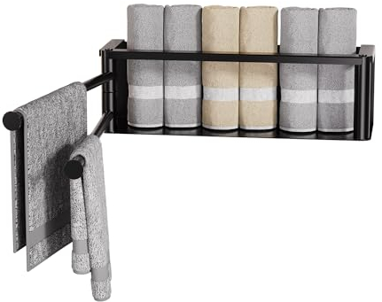 AIRUJIA Porte-Serviettes pivotant Noir, Porte-Serviettes De Salle De Bain avec 2 Tiges Pivotantes À 180°, Porte Serviette sans Percage, Porte Serviette Mural