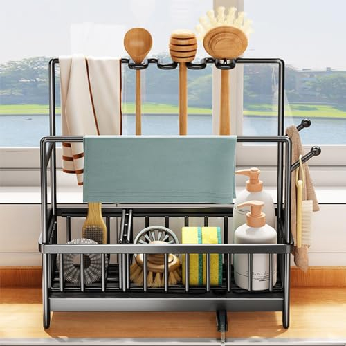 Wotendy Soporte Estropajo Fregadero Cocina, Soporte Esponja Acero Inoxidable Fregadero de Cocina, Organizador de Fregadero, con Bandeja de Drenaje, Negro