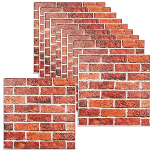 Zfseyuh 10 Piezas paneles pared 3d imitacion ladrillo Revestimiento Pared Efecto Ladrillo 3D Papel Pintado Pared Ladrillo para Salón Dormitorio Fondo de Pared Decoración Arte(Rojo Ladrillo)