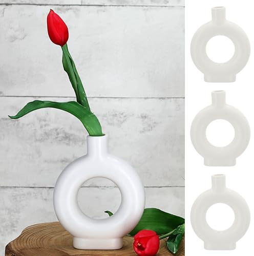 Vase Ringform 3er Set | 12x15x3cm weiß Keramik | Dekovase in Donutform für Blumen Gräser Pflanzen (1 x 3er Set Vase 15cm)