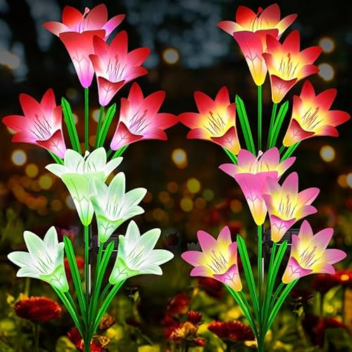 Asslye Solarleuchte für den Außenbereich, Garten, Lilie, 4 Packungen mit wechselnden Farben, 7 LEDs, IP65, wasserdicht, Solarlicht, für den Außenbereich, Dekoration für Garten, Außenbereich, für