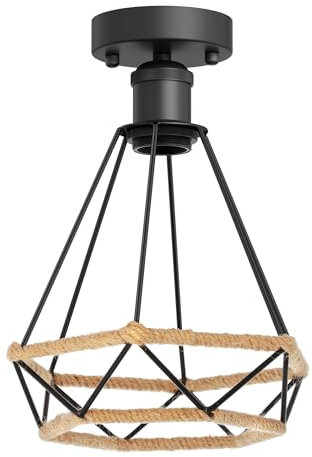 ledscom.de Vintage E27 Deckenleuchte RETRA, schwarz, Käfig-Schirm, schwarz mit Hanf, 200mm Ø