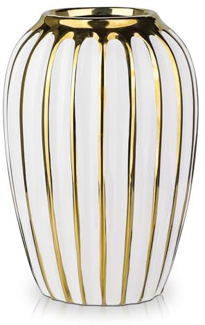 Oairse Modern Vase for Flowers 21cm Gold White Ceramic Flower Vase For Decorative Wedding Party Home Vases Décor Table Centerpieces Mantel Shelf Office Living Room Bedroom Decoration