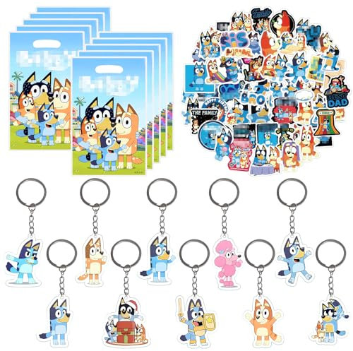 JunMallko Bluey Party Mitgebsel Set, 70 Stk Bluey Kindergeburtstag Party Mitgebsel Set, 10 Geschenktüten + 10 Schlüsselanhänger + 50 Aufkleber für Kinder Packs mit mehreren Elementen für Kinder