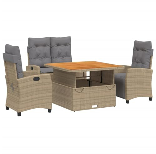 vidaXL Garten Essgruppe mit Kissen 4-TLG., Gartenmöbel Set Sitzgruppe, Essgarnitur Gartengarnitur, Terrasse Balkon Möbel Garnitur, Beige Poly Rattan