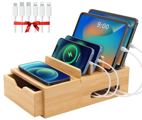 Bamboo Charging Station for Multiple Devices, Desk Charging Organizer with Drawer & Tray, Wood Docking Station Included 6 Cables, Compatible with iPhone Devices, Cell Phone, Tablet (No USB Charger)
