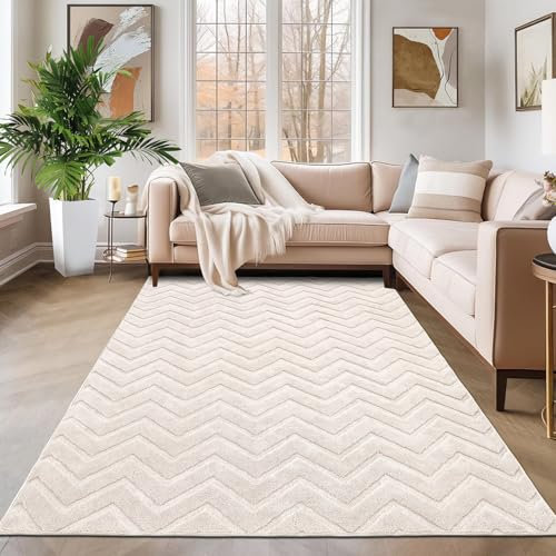 SHACOS Beige Teppich Wohnzimmer Kurzflor 160x230 cm Modern Waschbarer Teppich Schlafzimmer Weich Wohnzimmerteppich Hoch-Tief-Effekt 3D Effekt rutschfeste Teppiche für Kinderzimmer, Esszimmer