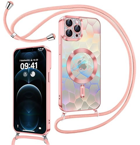 Kokio Coque Glitter Magnétique pour iPhone 12 Pro Max avec Cordon [Compatible avec MagSafe], Motif Coeur Transparente Etui pour Filles Femmes, Antichoc Silicone Housse pour iPhone 12 Pro Max Rose