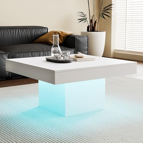 KEEPREAPER Couchtisch Wohnzimmertisch mit led Beleuchtung modern, Tisch Wohnzimmer klein mit Fernbedienung sofatisch hautänhliche textur, 78x78x40cm (Weiß)
