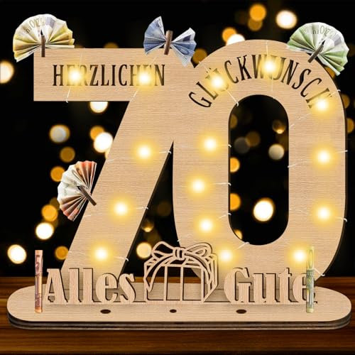 Herbst Deko 70 Geburtstag Fraun Männer, 70 Geburtstag Mann Geschenke Originelle Geschenk Holz-Schild mit LED Gästebuch, Geldgeschenke für Jubiläum, Personalisierbares Geschenk