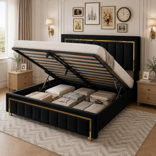 PerGar Polsterbett 160x200 mit Stauraum, Doppelbett mit Bettkasten, Hydraulisch Bett mit Einstellbar Kopfteil, Jugendbett Stauraumbett Bettgestell mit Lattenrost, Samt, Ohne Matratze, Schwarz