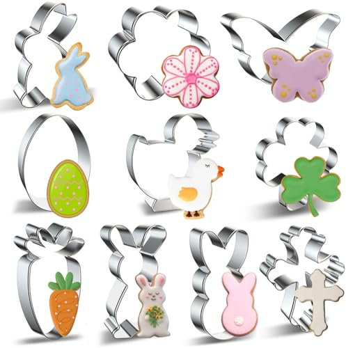Oster-Ausstechformen-Set – 10 Stück – Osterhase, Ei, Küken, Karotte, Kaninchengesicht, Heiliges Kreuz, Blatt, Blume, Schmetterlingsformen – Edelstahl Keksformen für Frühlingsferien Backen