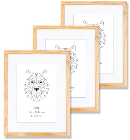 KHG Bilderrahmen 3er Set lackiert mit stabilem Glas und Passepartout, MDF Ideal für Portraits, Urkunden, Poster, Puzzles & Collagen, 30x40 cm Natur