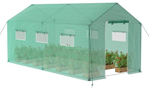 Yznahre Gewächshaus Foliengewächshaus Winterfest Tomatenhaus, 4,5x2x2m Tomatengewächshaus, für Aufzucht Tomaten, Gemüse Pflanzen, Obst, mit UV-beständige Gitternetzfolie und Fernster, Spitzdach