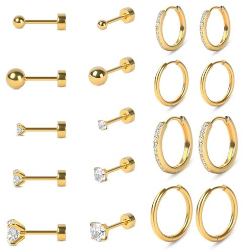 Vicloon 9 Paar Ohrring Set, Edelstahl Ohrstecker-Set Chirurgenstahl Klein Creolen Ohrringe Hypoallergene Knorpel Huggie Hoop Ohrringe Mehrfach-Piercing für Frauen (Gold)