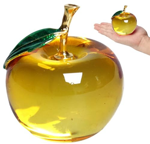 JZLEJC Glass Apple-Shaped Crystal Fruit with Green Leaf, Collectible Figurine for Christmas, Home Decor, and Gift for Kids