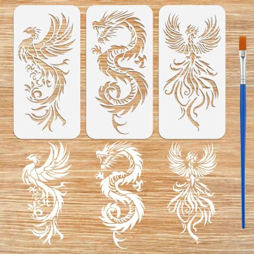 FINGERINSPIRE 3 Stück Drachen Phönix Schablonen Zum Malen Mit Pinsel 15x30cm Phönix Schablone Mit Flügeln Ausgehöhlte Drachenmuster Schablone Kunststoff Orientalische Tiermotiv Vorlage Für Heimwerker