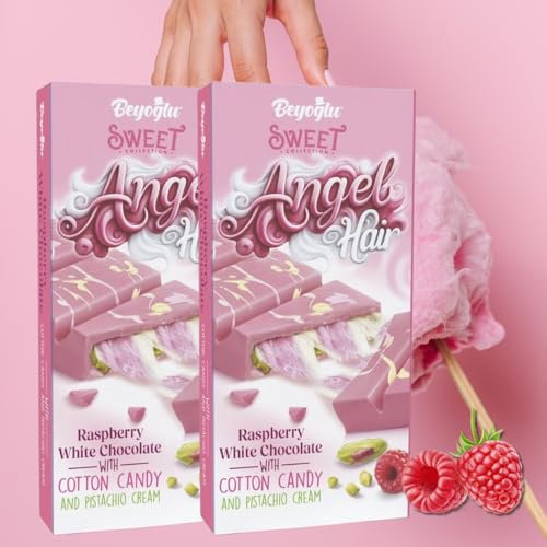 Lot de 2 Tablettes Sweet Angel Hair – Chocolat blanc framboise fourré barbe à papa & crème de pistache – 2 x 170 g