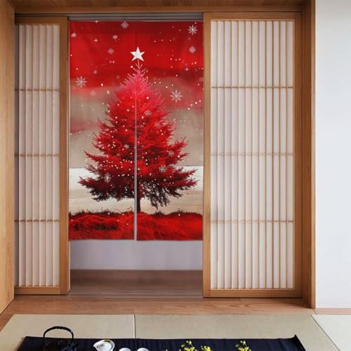 JTNWEC Tenda per porta in morbido tessuto per la privacy, 2 pannelli, stampa rossa con albero di Natale, eccellente drappo per porta, striscione per divisione, finestre e decorazioni, 86 x 140 cm