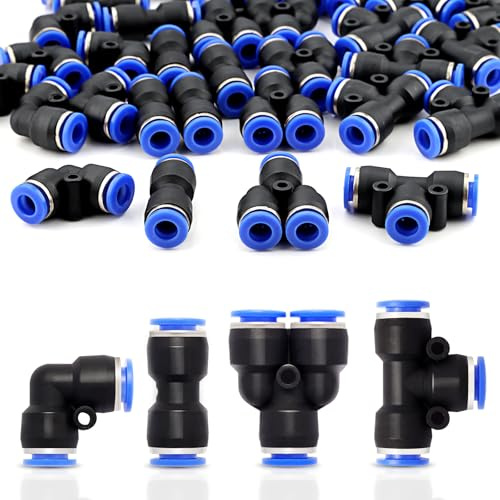 Nuts OT nuts 48 Stück Gerade Pneumatik Steckverbinder 6mm Straight/Splitter/Winkel/T-Stücke Jeweils 12 Stück Druckluft Verbinder Luftschlauch Verbinder Air Push Schnellbefestigungen für Luftleitungen