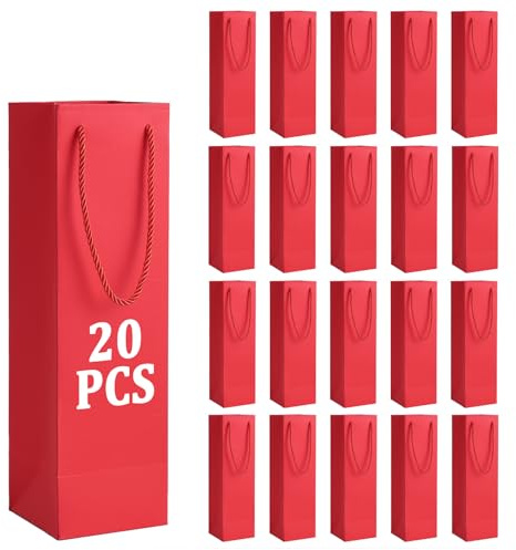 Tlenpo 20 Pack Wine Gift Bags With Ribbon Handles Bulk 3.7 * 3.7 * 13.8 Inch,Bottle Reusable Bags For Champagne Alcohol for Birthdays, Mother's Day, Fathers Day, Engagement, Wedding, Holidays(Red)