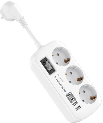 Multiprise 3 Prises avec 4 USB(2 USB-C), Multiprise Parafoudre et Surtension avec Interrupteur et Câble de 50 mm, Fixation Murale pour Maison Voyage, Blanc 16A/4000W
