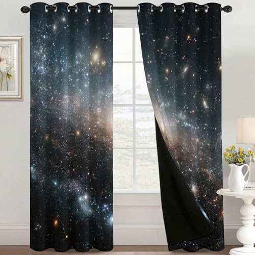 Vorhang Galaxie Weltraum Blickdicht, Vorhänge Universum Sternenhimmel, Fenster Gardinen Schlafzimmer Wohnzimmer, Verdunklungsvorhänge mit ösen, Thermovorhang, 2er Set Curtains, H 166 x B 75 cm - U75