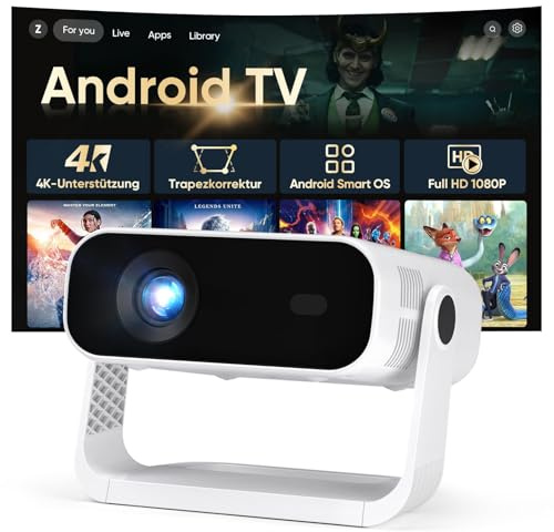 Smart Beamer Full HD 1080P, 400 ANSI Lumen, Android 11，Integrierte Apps, 4D Trapezkorrektur，WiFi 6 & BT 5.2, Heimkino 4K Beamer Trapezkorrektur und elektrischen Fokus