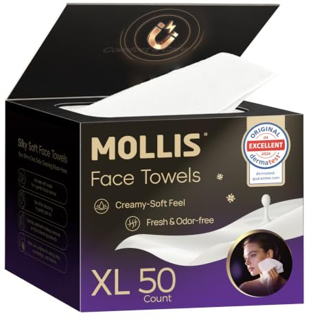 MOLLIS Disposable Face Towels, Creamy-soft Feel, XL, 50 Count | Clean Wipes for Sensitive Skin. Magnetic Flip-Top Box, Ideal for Cleansing & Makeup Removal