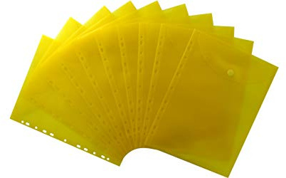 Dokumententaschen A4 hoch transparent gelb, 10 Stück | Reißfeste PP‑Taschen mit Klettverschluss und EURO‑Lochung – schützen A4‑Unterlagen und bieten schnellen Überblick