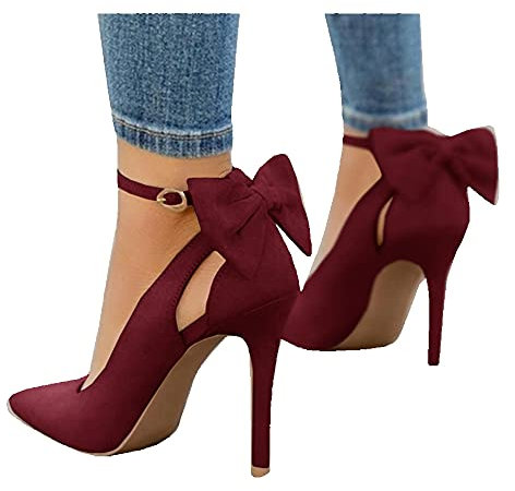 Fashare Womens High Heels Bow Tie Back Sexy Stiletto Ankle Strap Wedding Dress Pumps Shoes wine red Size: 6.5 UK
